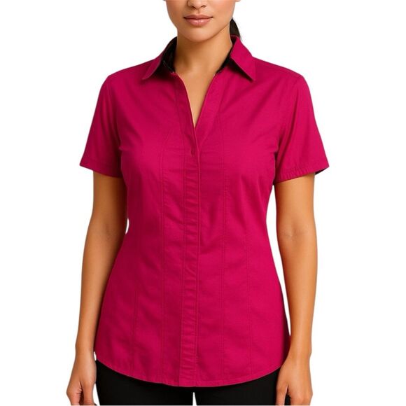 Express Pink Y2K Fitted Button Down Shirt with Cheetah Print Lined Collar L - Picture 1 of 9